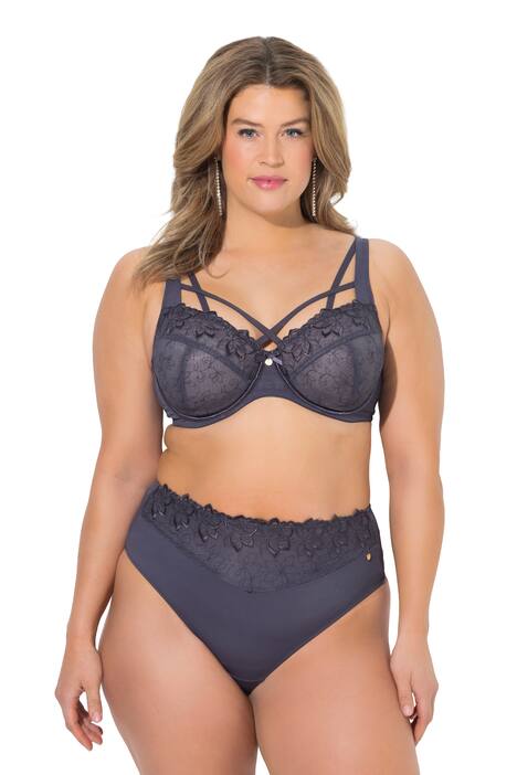 Podprsenka s kosticemi, transparentní krajka, ozdobné stuhy, košíčky C-F