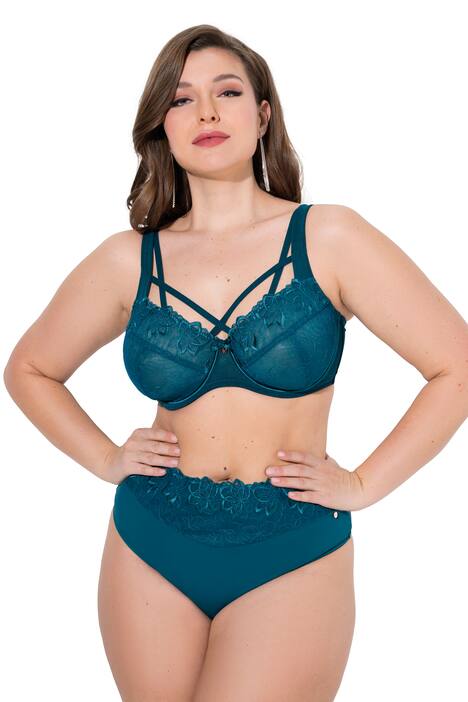 Podprsenka s kosticemi, transparentní krajka, ozdobné stuhy, košíčky C-F