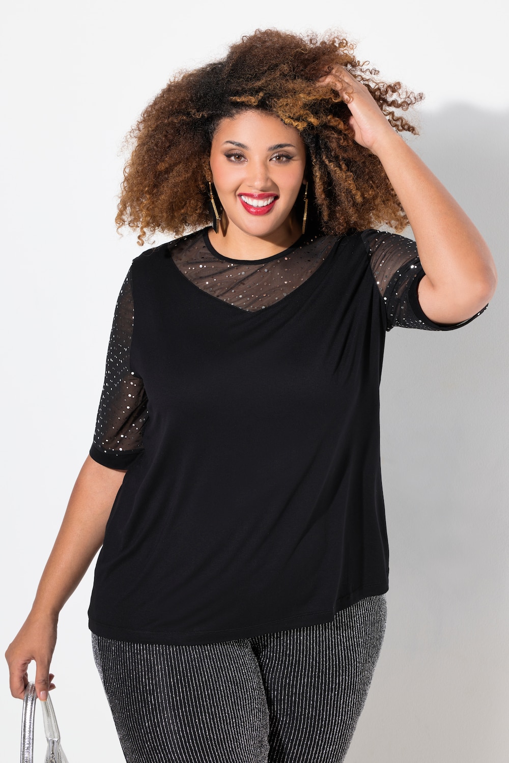 T-Shirt, Classic Fit, Mesh mit Pailletten, Jersey-Unterlage