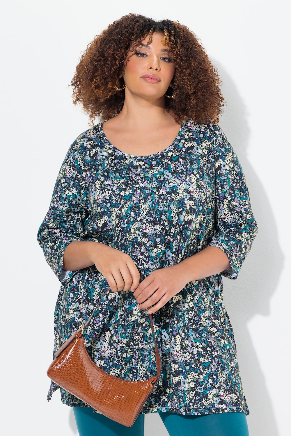 Longshirt, Blüten, A-Linie, Rundhals, 3/4-Arm