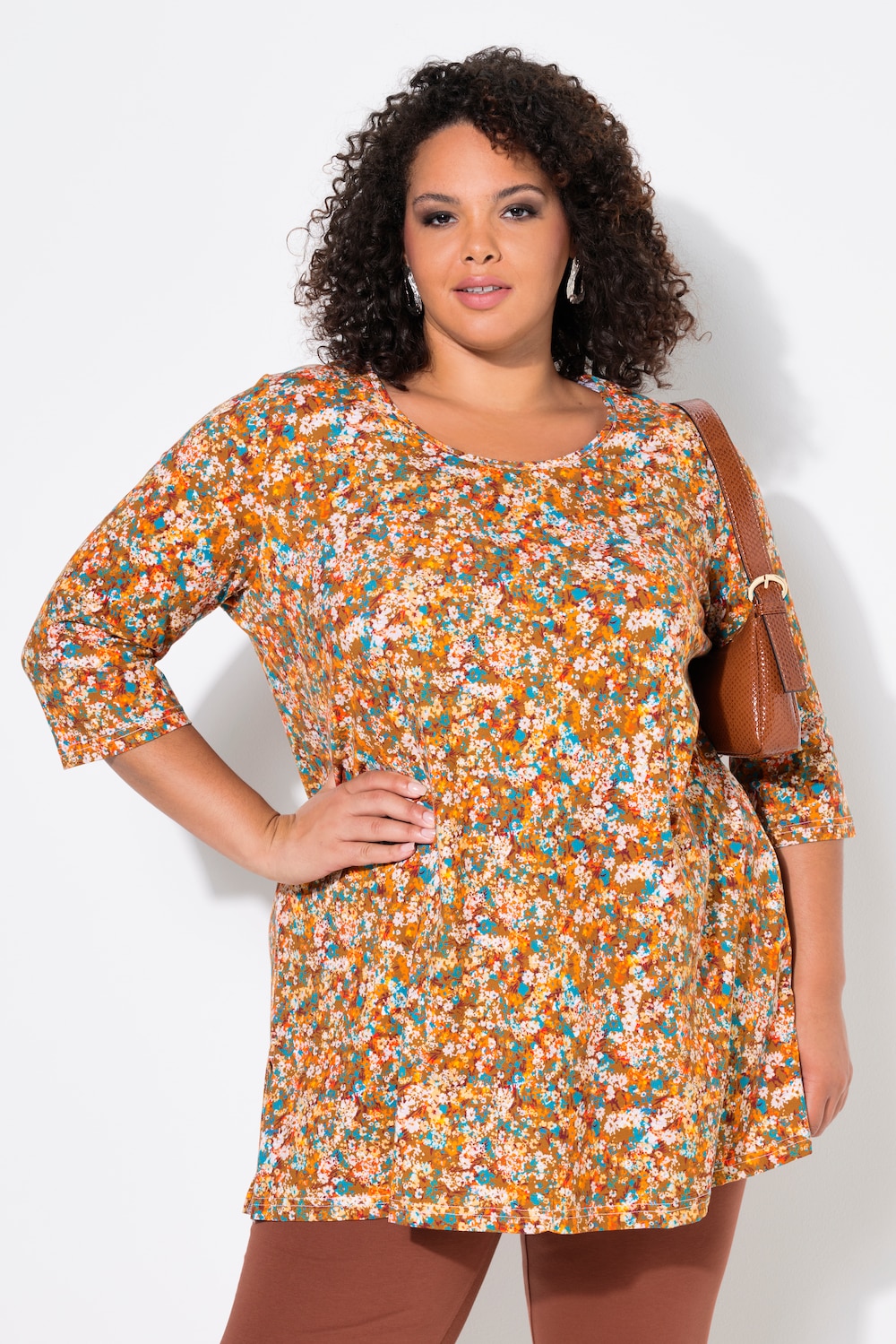 Longshirt, Blüten, A-Linie, Rundhals, 3/4-Arm