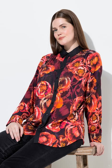 Overhemdblouse, rozen, overhemdkraag, lange mouwen