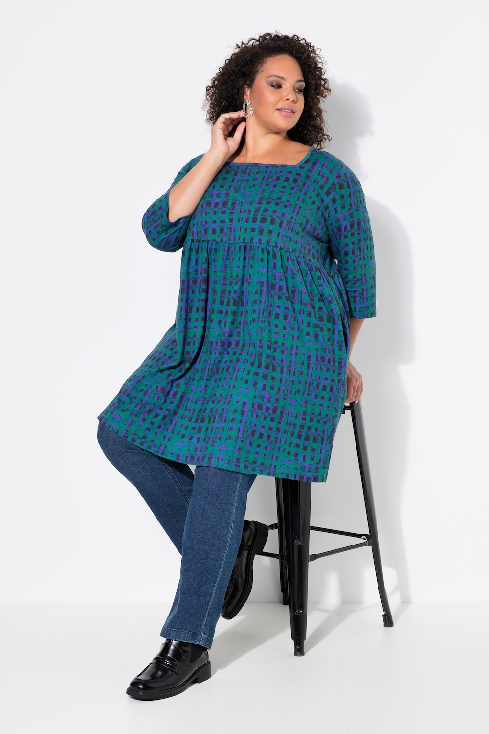 Longshirt, Karo, A-Linie, Carree-Ausschnitt, 3/4-Arm