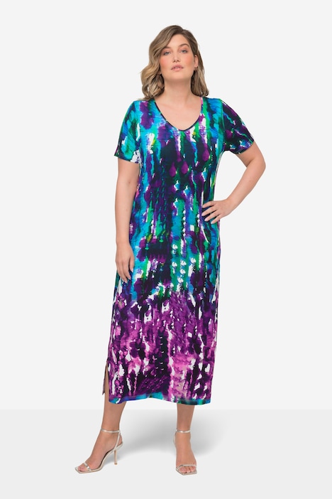 Half-Sleeve V-Neck A-Line All-Over Print Jersey Midi Dress