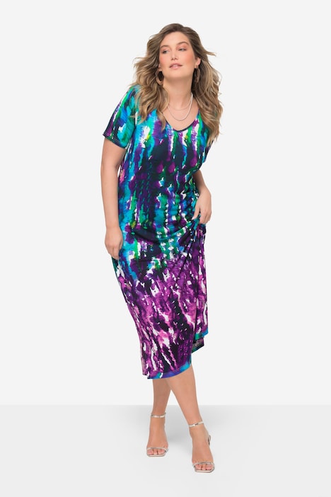 Half-Sleeve V-Neck A-Line All-Over Print Jersey Midi Dress