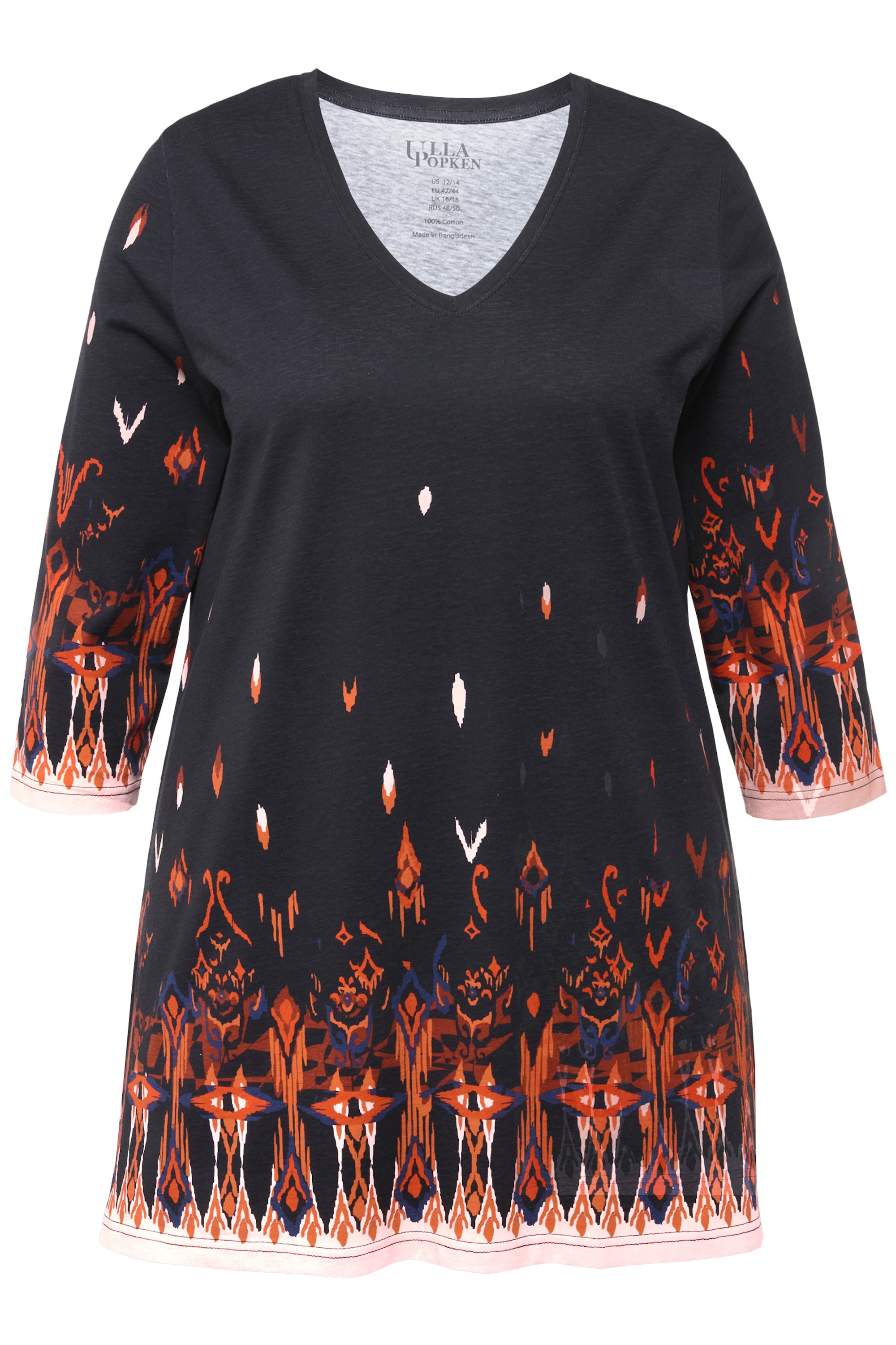 Ulla Popken Damen große Größen Longshirt bedruckt V Ausschnitt 3 4 Arm 832962