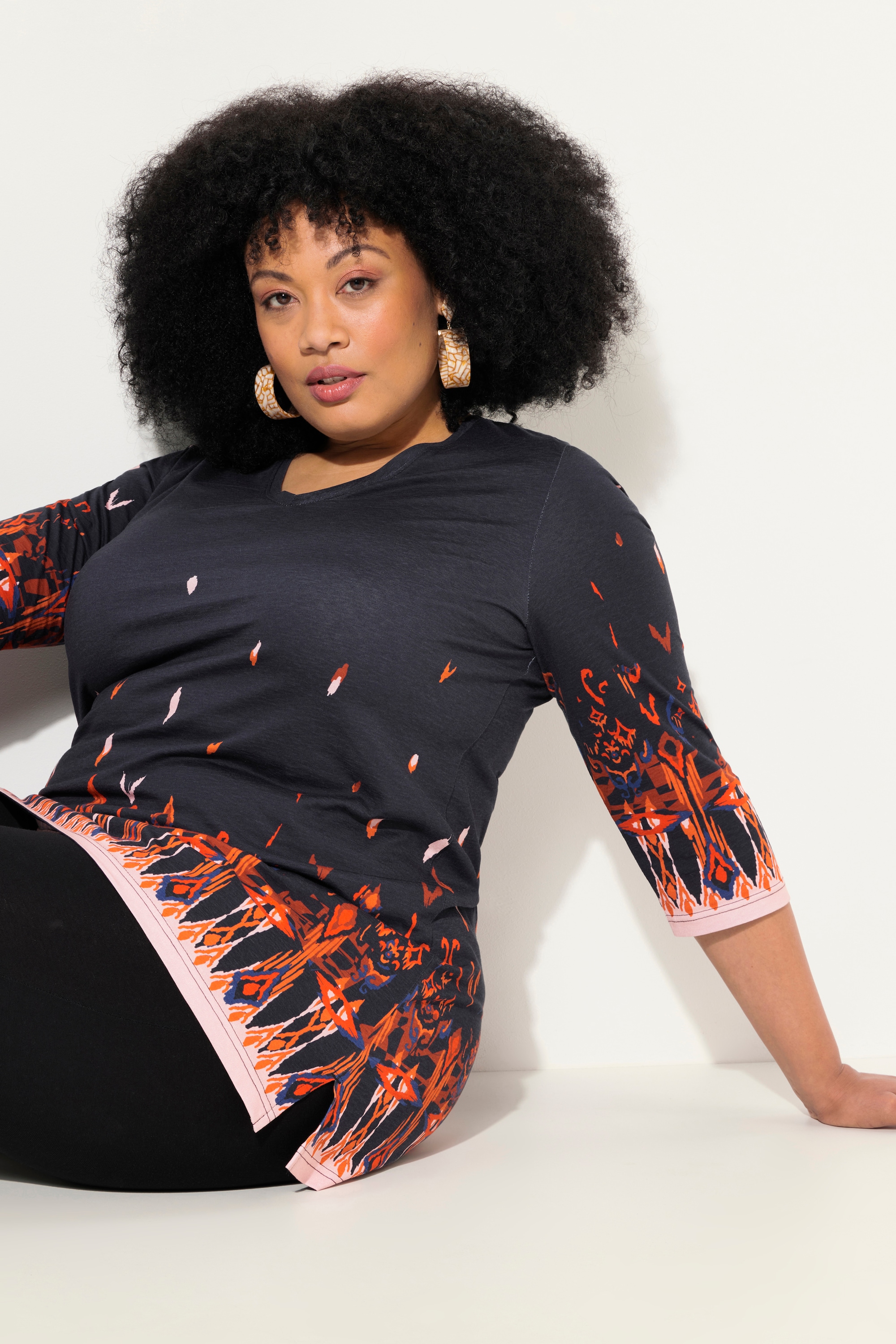 Ulla Popken Damen große Größen Longshirt bedruckt V Ausschnitt 3 4 Arm 832962
