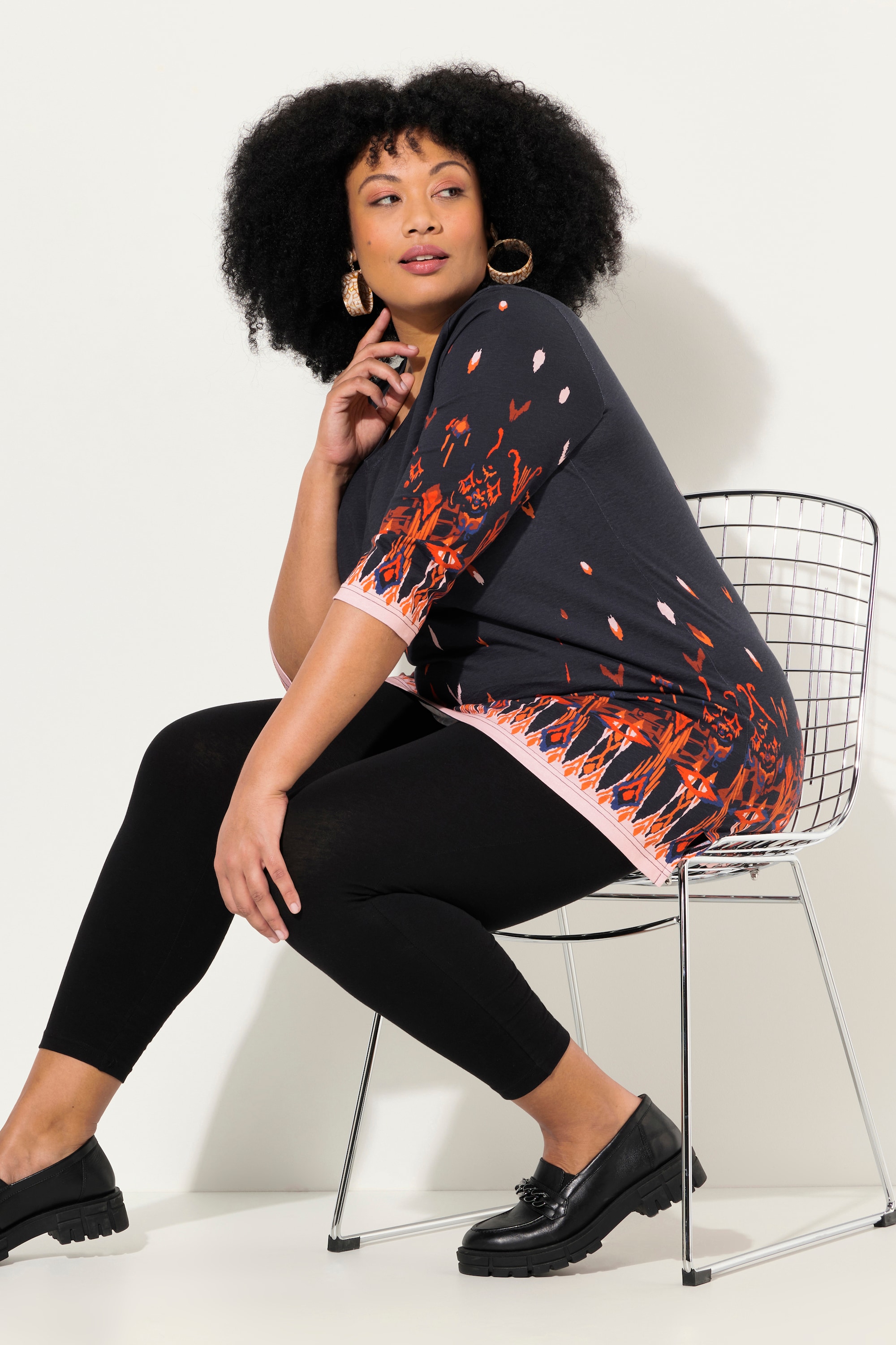 Ulla Popken Damen große Größen Longshirt bedruckt V Ausschnitt 3 4 Arm 832962