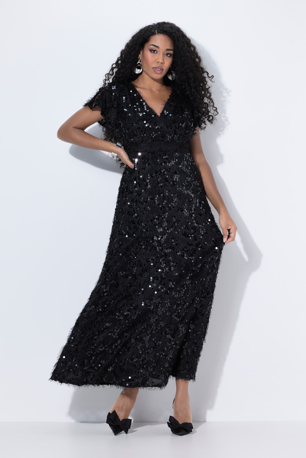 Abendkleid, Pailletten, Fransen, V-Ausschnitt, Halbarm