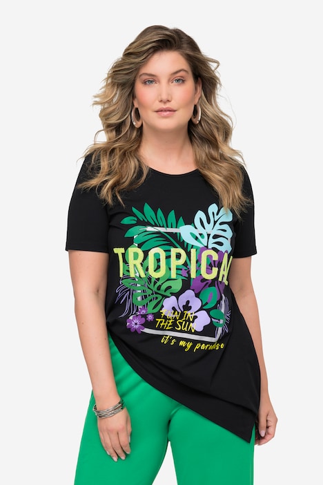 T-Shirt, lang, TROPICAL Motiv, Rundhals, Halbarm