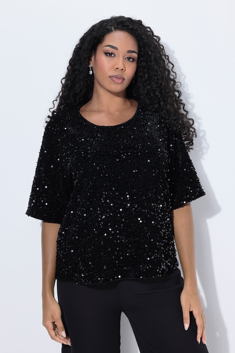 Samtshirt, Pailletten, Rundhals, Halbarm