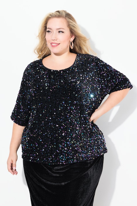 Blouse en velours à paillettes, col rond et manches courtes