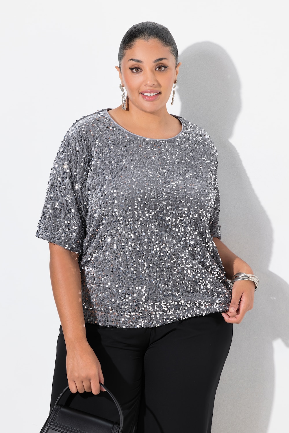 Samtshirt, Pailletten, Rundhals, Halbarm