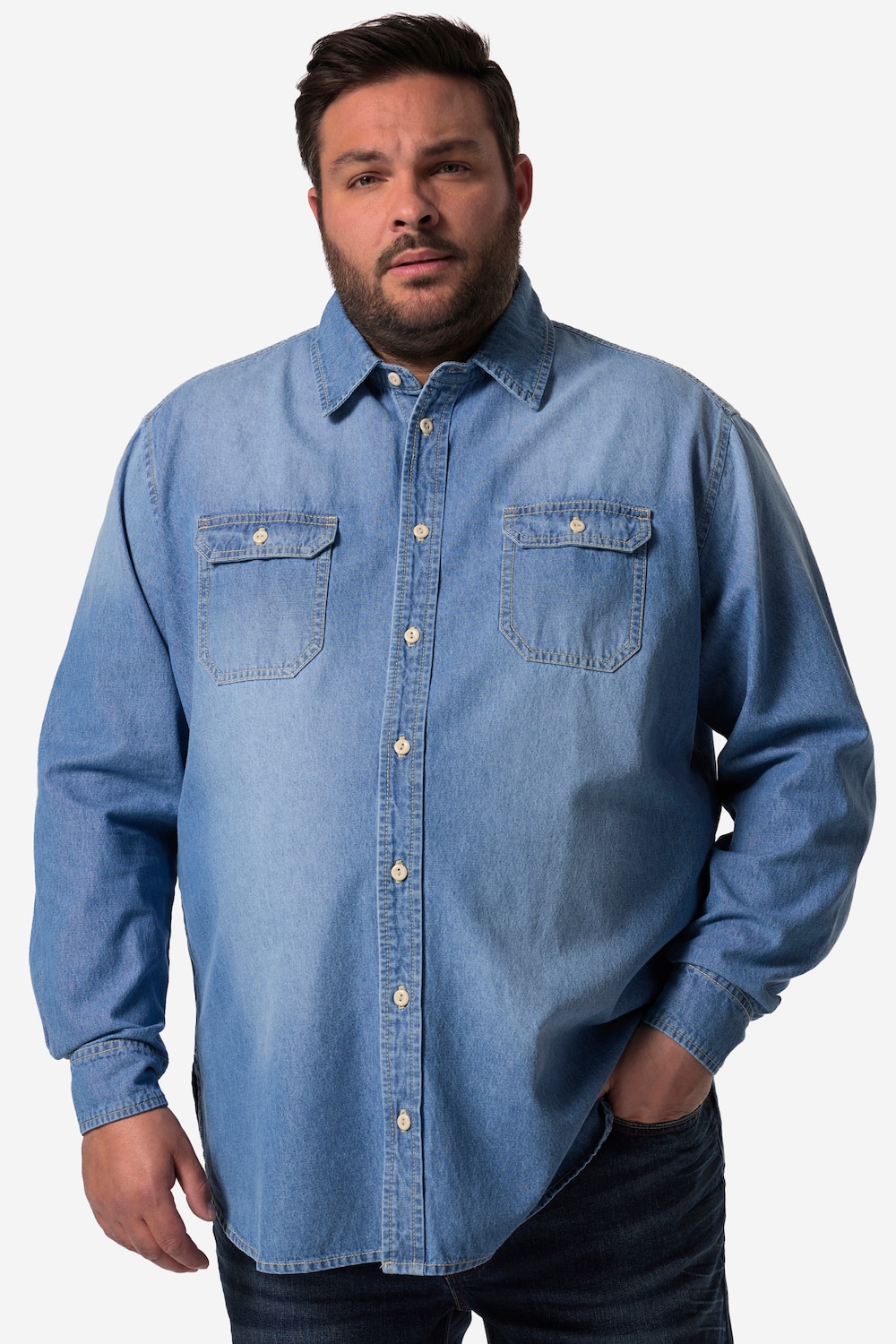 John F. Gee denim overhemd, lange mouwen, kentkraag, moderne pasvorm, tot 8XL
