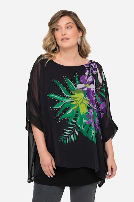 Blouse, A-lijn, dubbel gelaagd, versierde bloemen