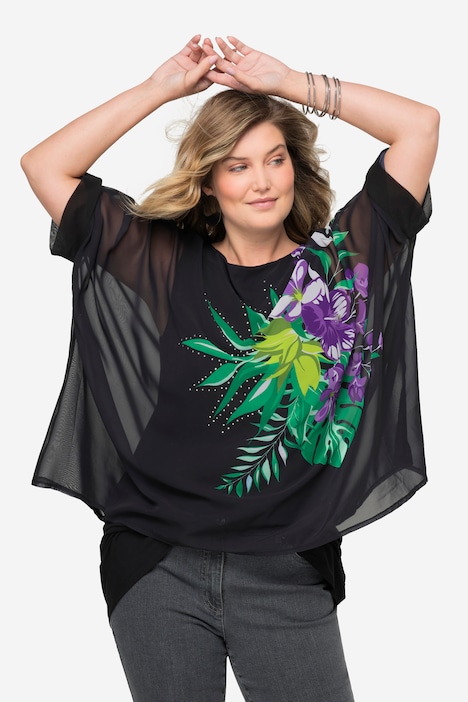 Blouse, A-lijn, dubbel gelaagd, versierde bloemen