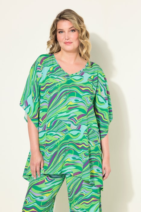 Kaftan, Boxy Fit, Chiffon, tropischer Druck, V-Ausschnitt