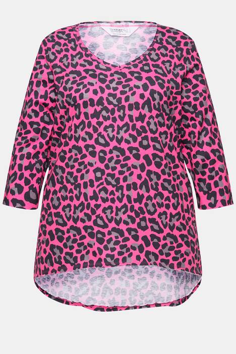 T-Shirt, A-Linie, Leo-Print, V-Ausschnitt, 3/4-Ärmel