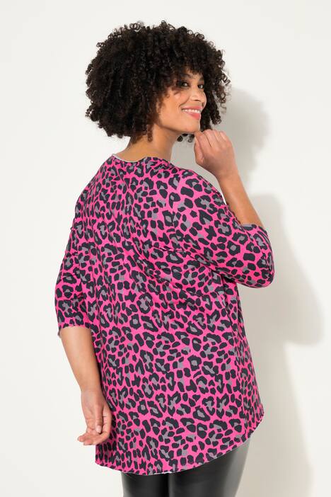 T-Shirt, A-Linie, Leo-Print, V-Ausschnitt, 3/4-Ärmel