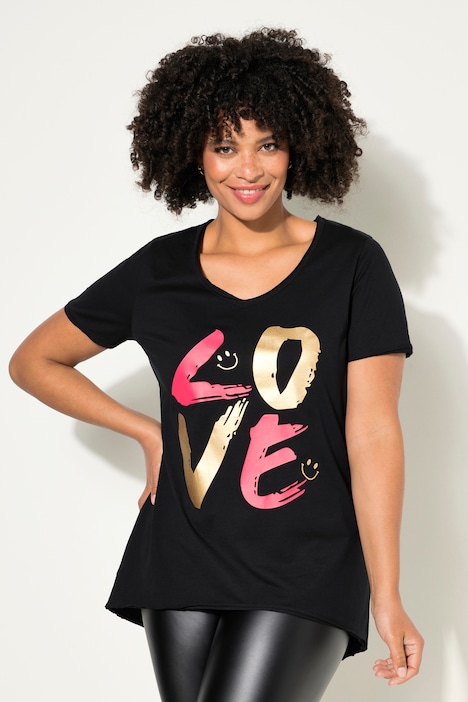 T-Shirt, LOVE-Schriftzug, V-Ausschnitt, Halbarm