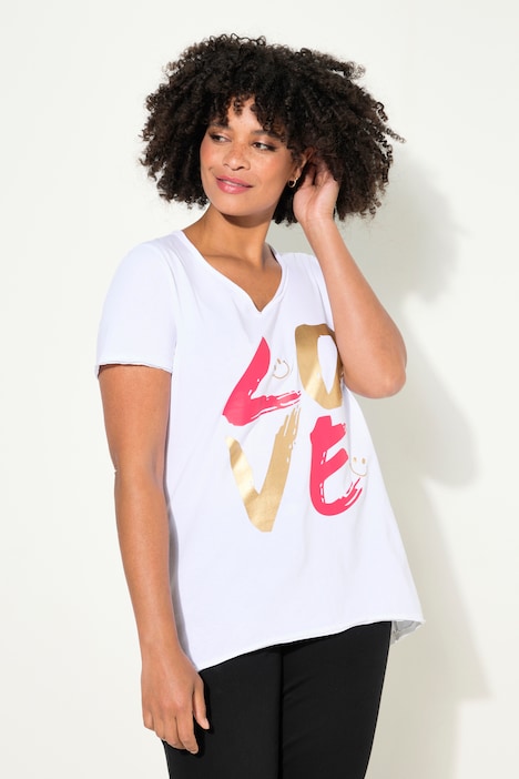 T-Shirt, LOVE-Schriftzug, V-Ausschnitt, Halbarm