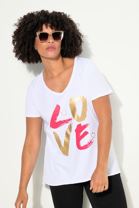 T-Shirt, LOVE-Schriftzug, V-Ausschnitt, Halbarm