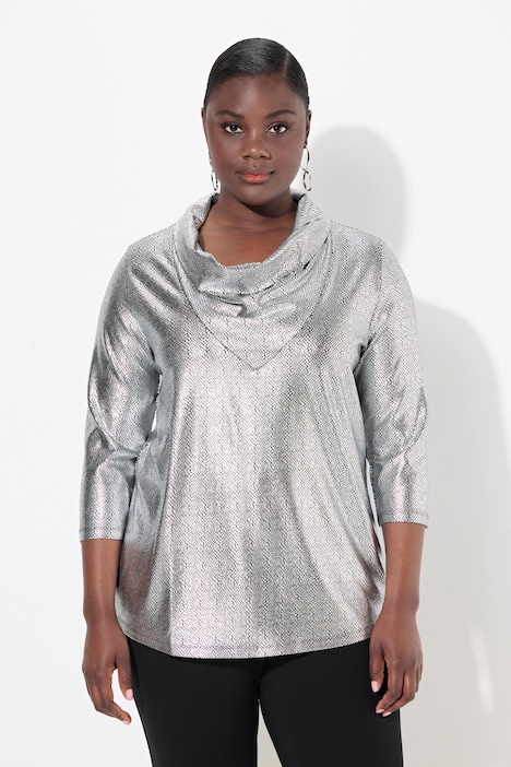 Metallic Cowl Neck 3/4 Sleeve Tee