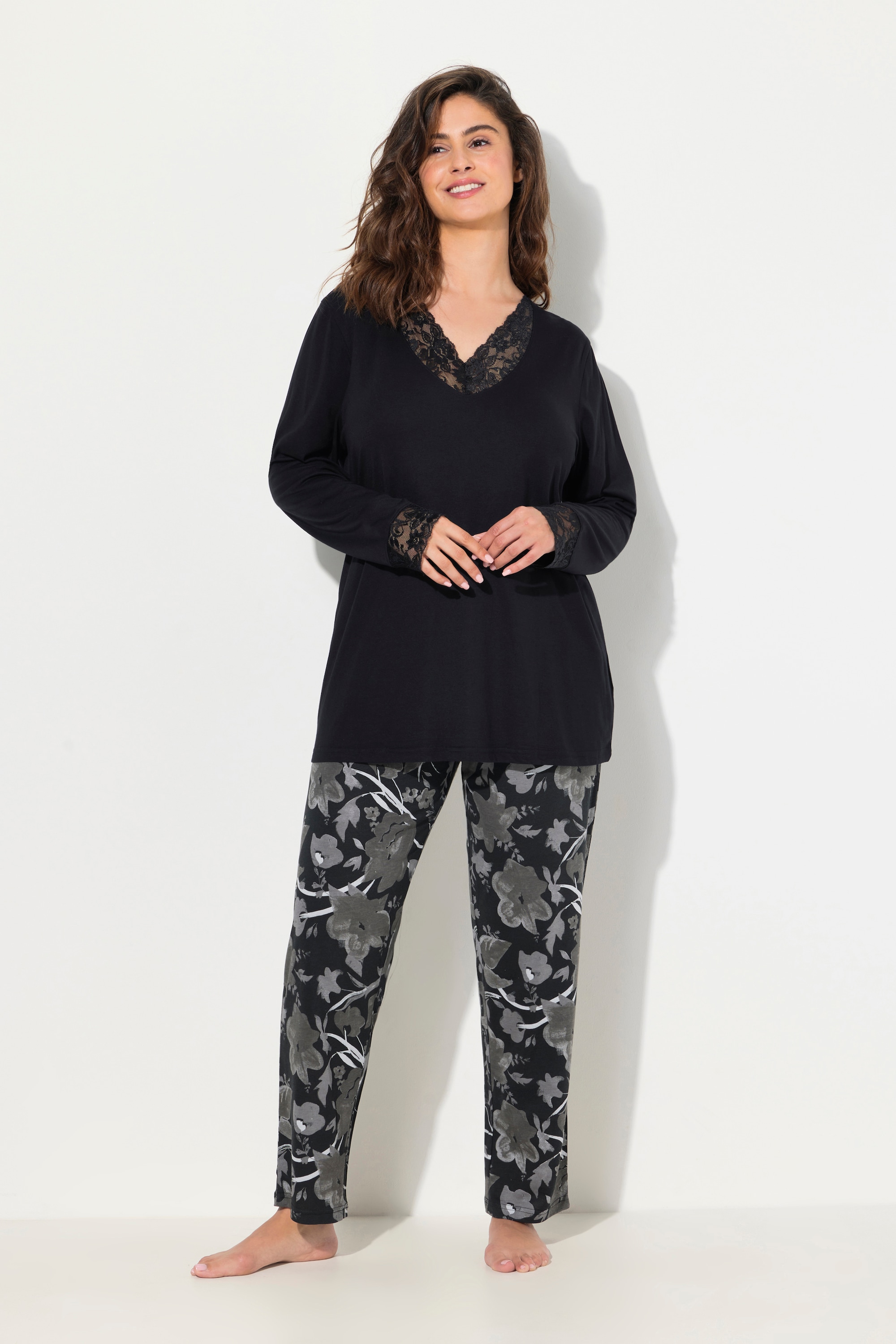 Ulla Popken Damen große Größen Pyjama Spitze V Ausschnitt Langarm
