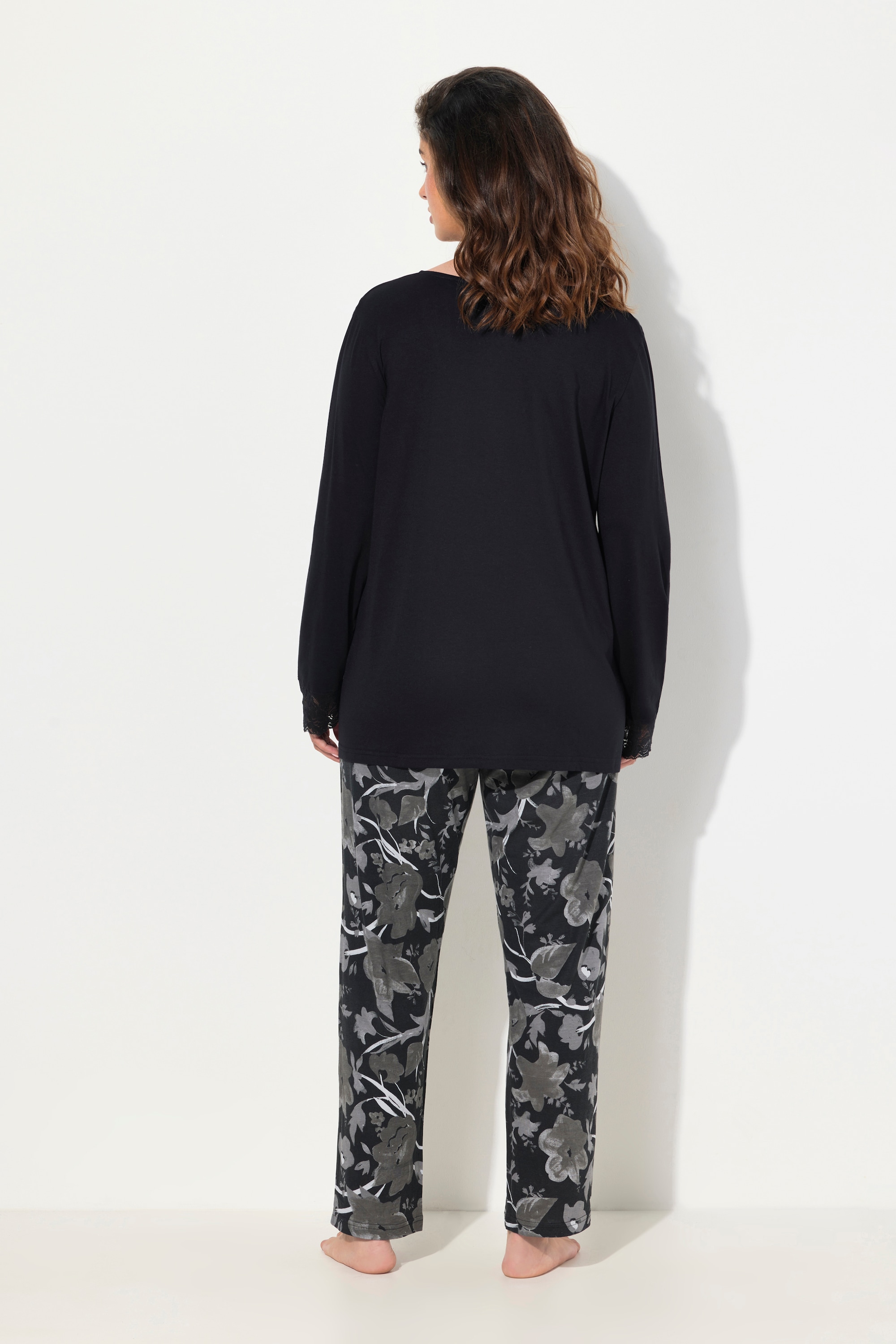 Ulla Popken Damen große Größen Pyjama Spitze V Ausschnitt Langarm