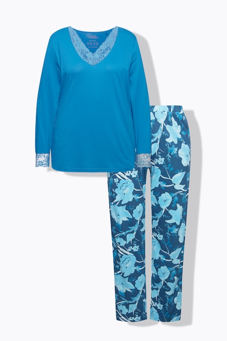 Floral Two-Piece Pajama Set, dark teal | Ulla Popken