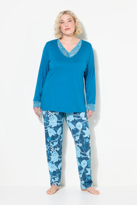 Floral Two-Piece Pajama Set, dark teal | Ulla Popken