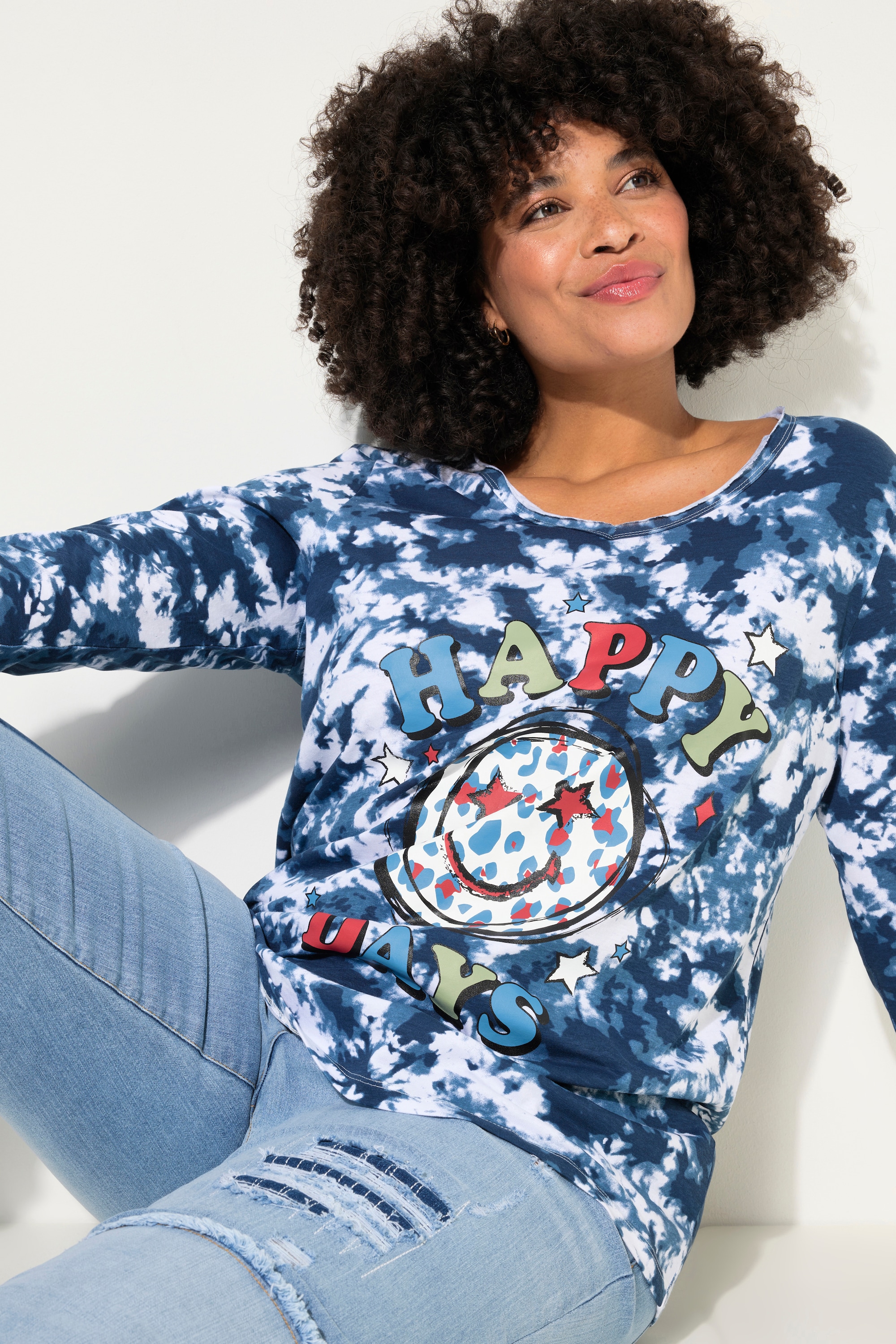 Angel of Style Damen große Größen T Shirt Batik Muster Smiley V Ausschnitt