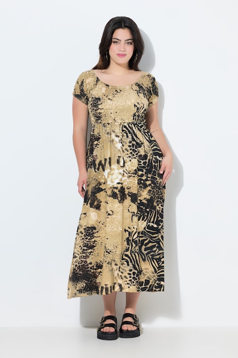 Maxi-jurk, A-lijn, jersey, luipaardmotief, gerimpelde buste, korte mouwen