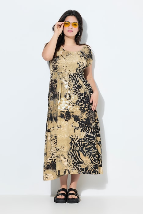 Maxi-jurk, A-lijn, jersey, luipaardmotief, gerimpelde buste, korte mouwen