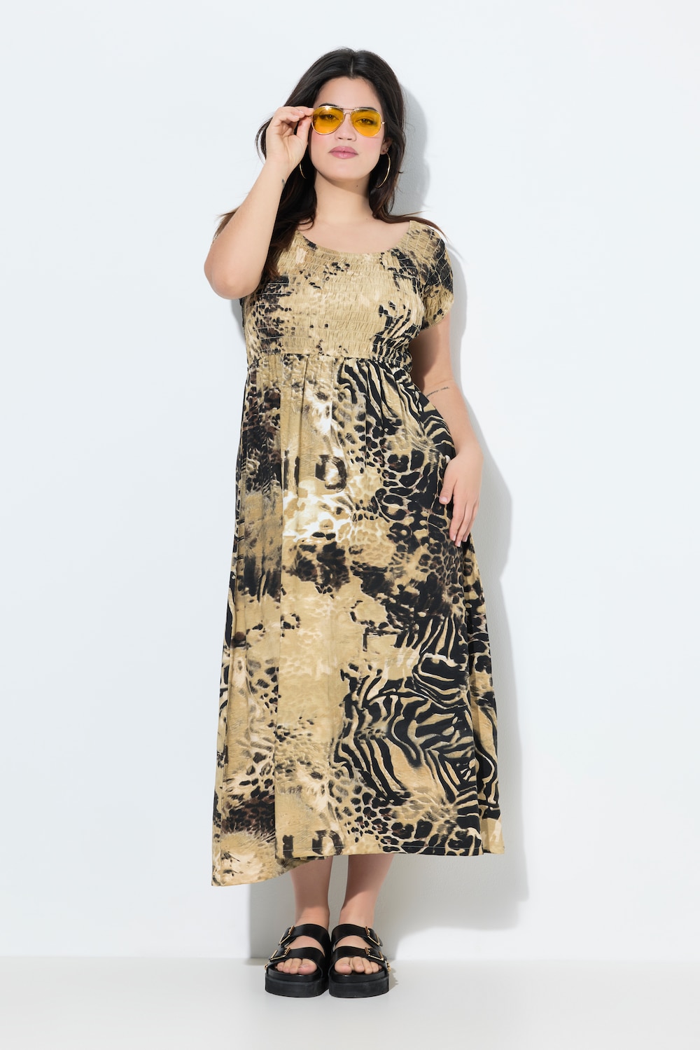 Maxi-jurk, A-lijn, jersey, luipaardmotief, gerimpelde buste, korte mouwen