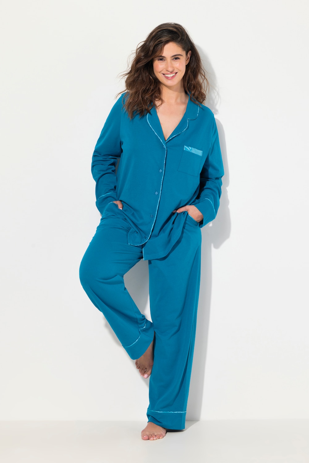 Pyjama, Satin-Piping, Reverskragen, Langarm