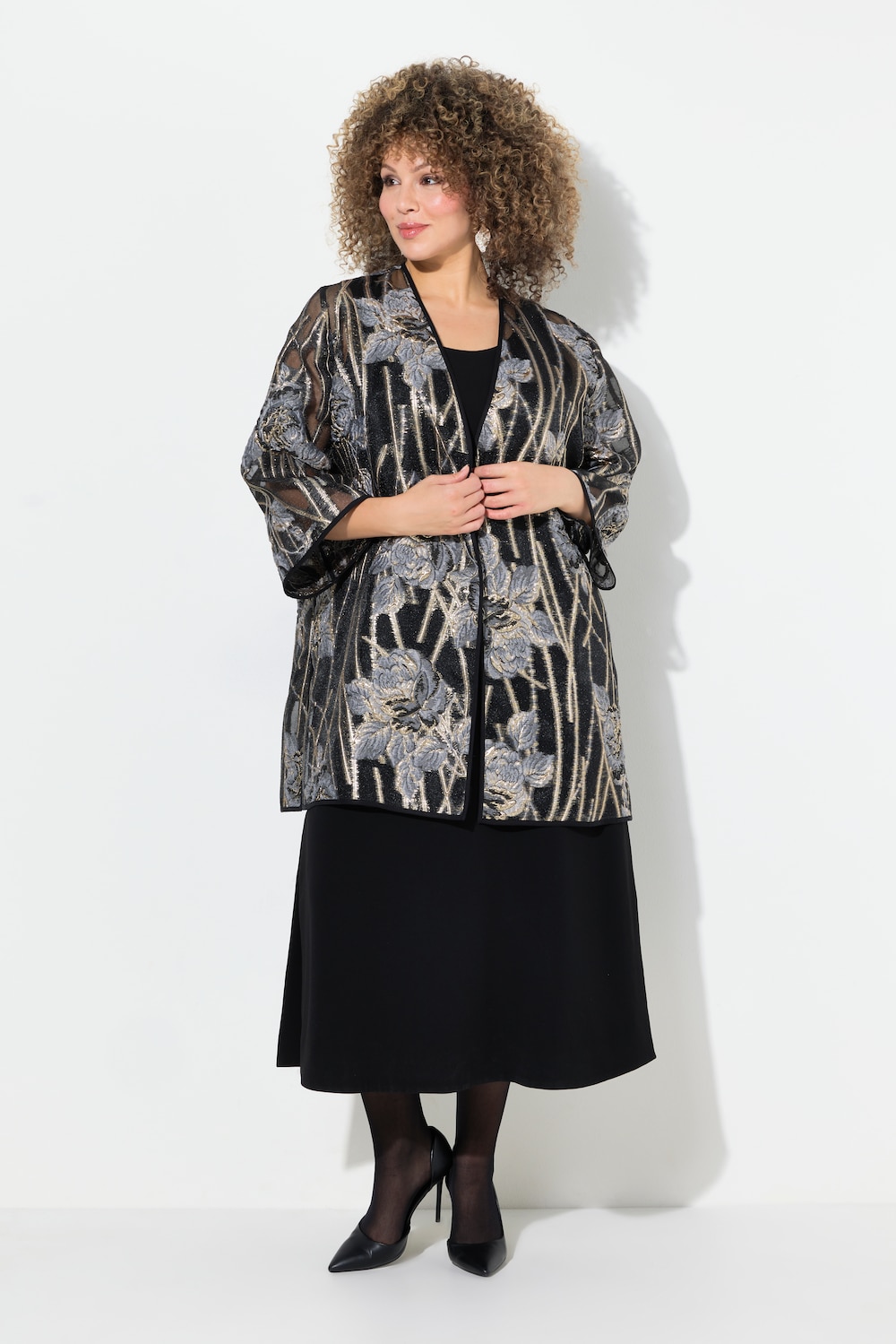 Große Größen Spitzen-Jacke, Damen, schwarz, Größe: 50/52, Polyester/Metallische Fasern, Ulla Popken