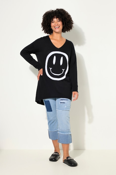 Pullover, oversized, Smiley, V-Ausschnitt, Langarm