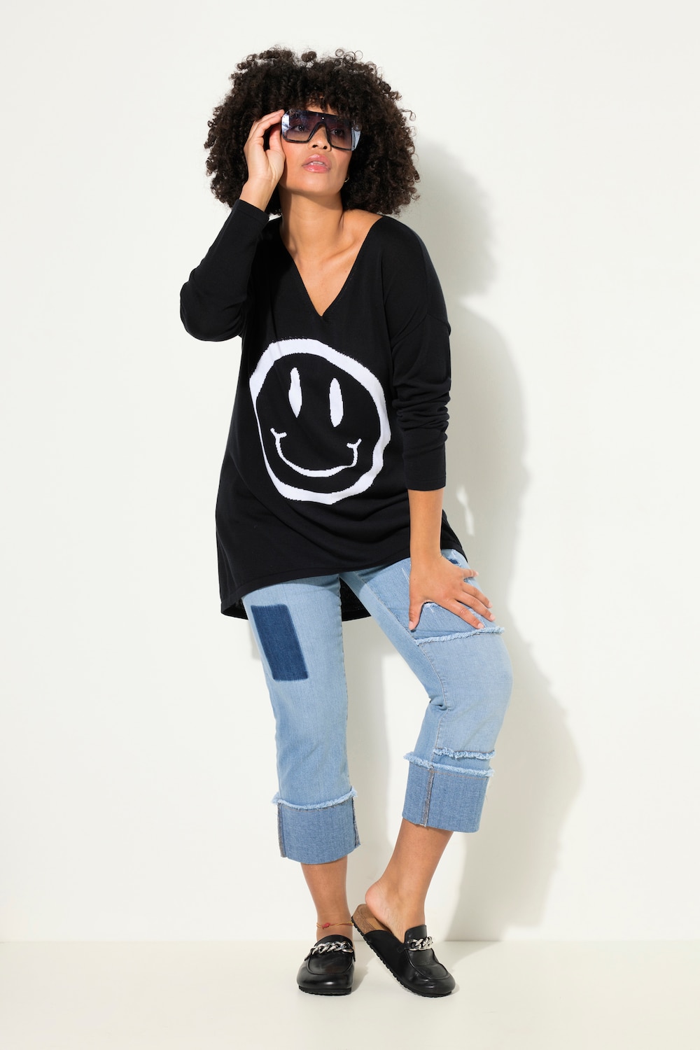 Trui, oversized, smiley, V-hals
