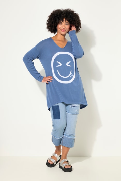 Trui, oversized, smiley, V-hals, lange mouwen