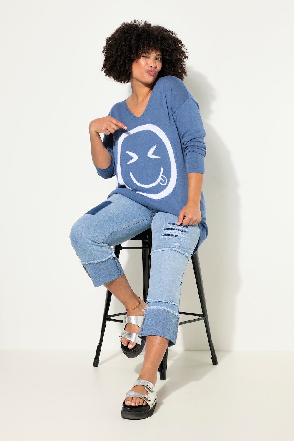 Pullover, oversized, Smiley, V-Ausschnitt