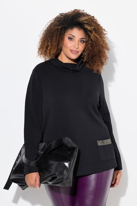 Sweat-shirt à col montant et manches longues, coupe boxy, strass sur les poches