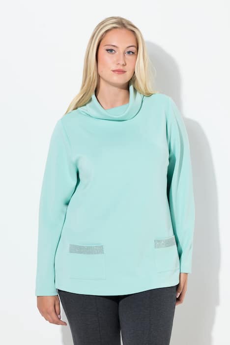 sweater, zakken met decoratieve steentjes, boxy, opstaande kraag, lange mouwen