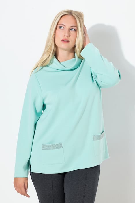 sweater, zakken met decoratieve steentjes, boxy, opstaande kraag, lange mouwen