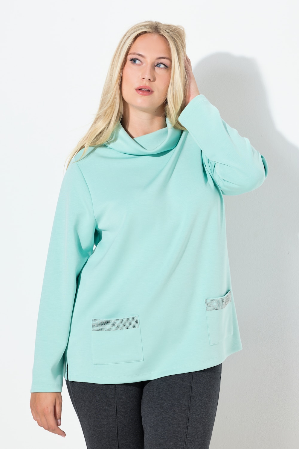 Sweatshirt, Ziersteintaschen, Boxy, Stehkragen, Langarm
