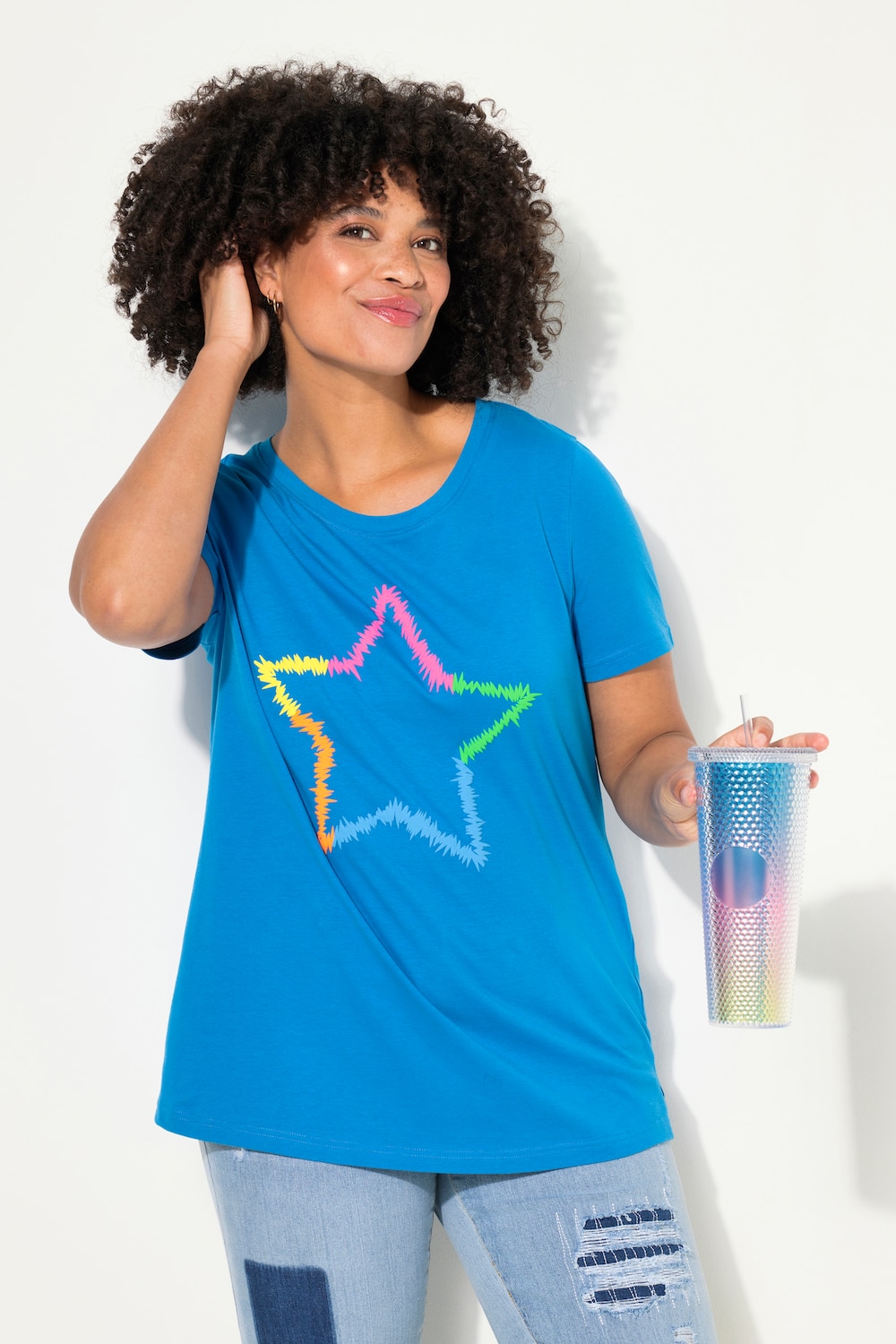 T-shirt, neon ster, ronde hals, korte mouwen