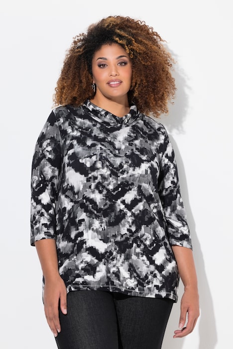 Pixel Print Cowl Neck 3/4 Sleeve Tee