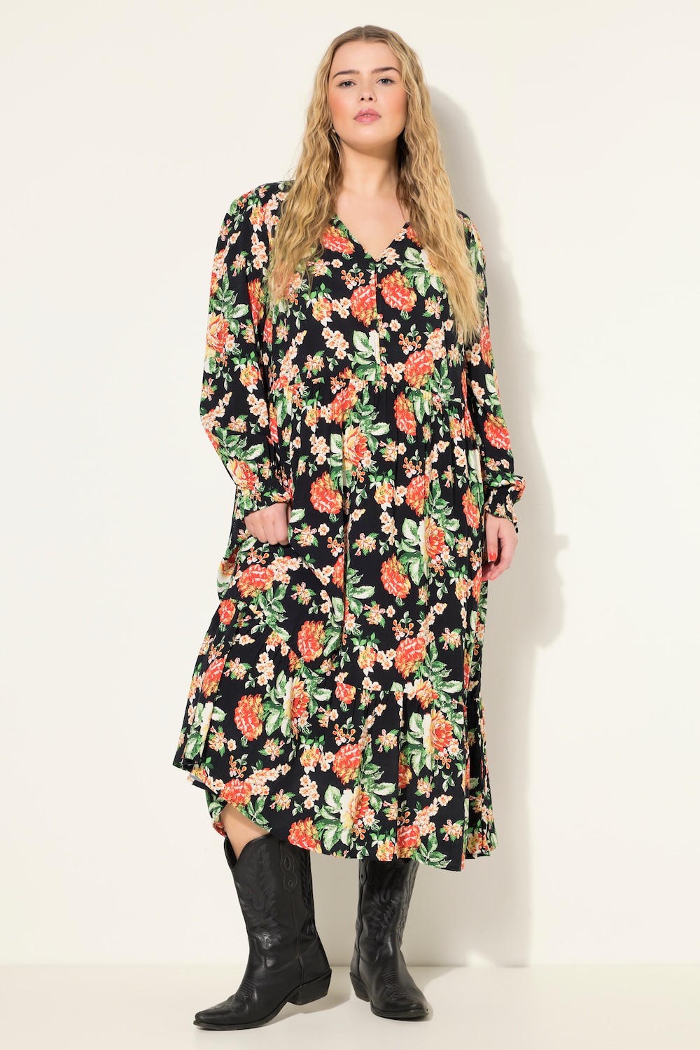 Kleid, A-Line, Flower Print, Langarm