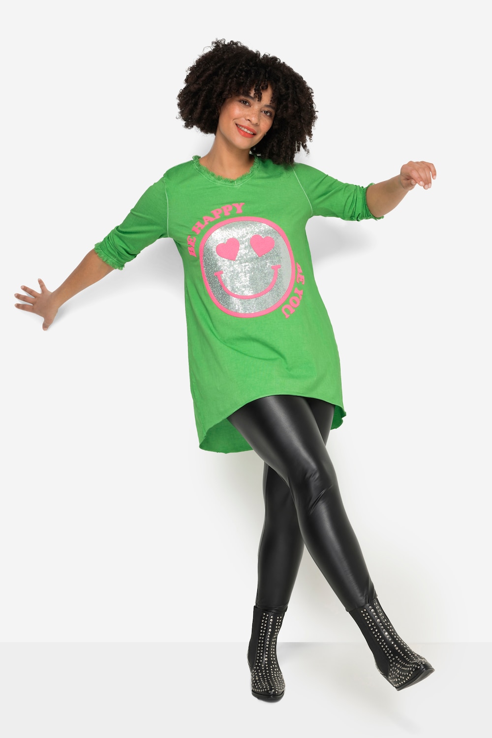 T-shirt, A-lijn, pailletten-smiley, V-hals, 3/4 mouwen