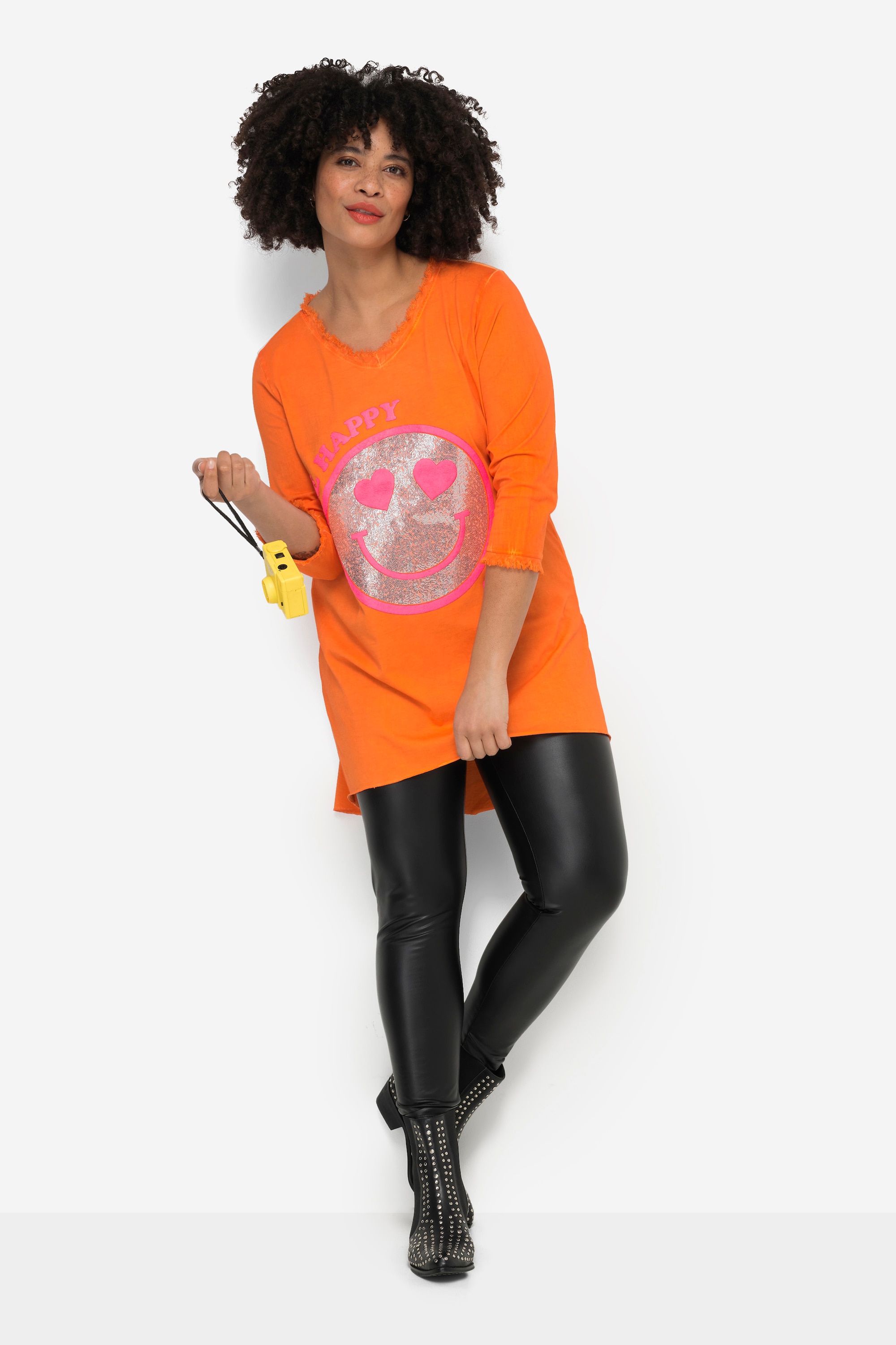 Angel of Style Damen große Größen T Shirt A Linie Pailletten Smiley V Ausschnitt